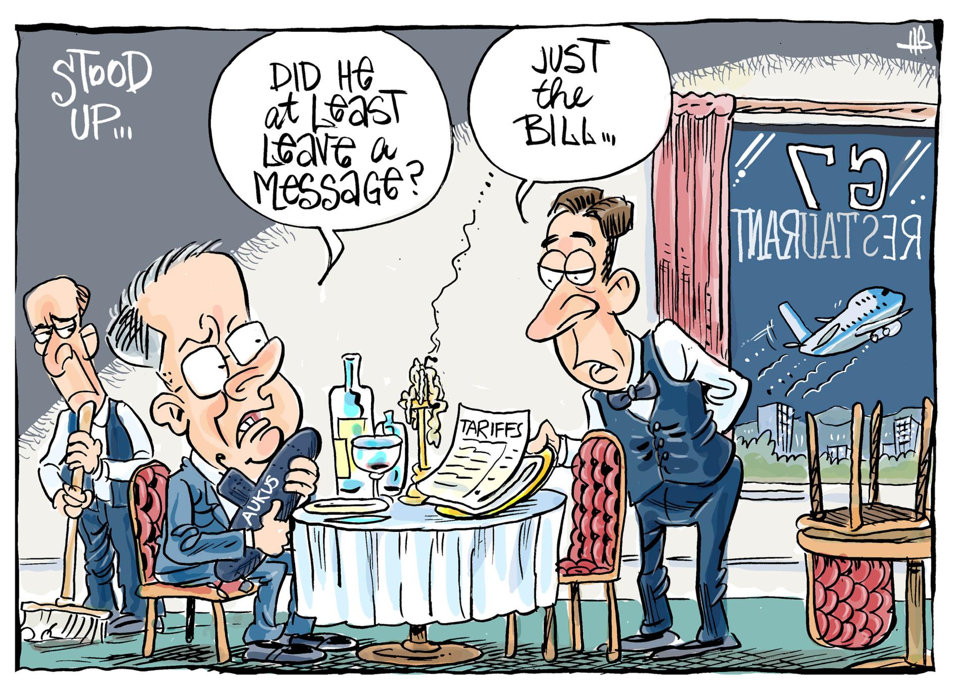 Deputy PM Richard Marles holds a submarine toy that reads, 'Aukus'. He says to a waiter at a restaurant, 'Did he at least leave a message?' The waiter replies, 'Just the bill,' and presents a paper labelled 'tariffs'. 