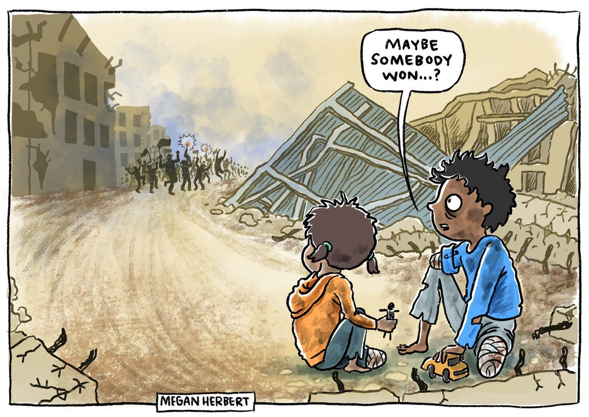 A crowd celebrates in war-torn Gaza. One injured child says to another, 'Maybe somebody won?' 