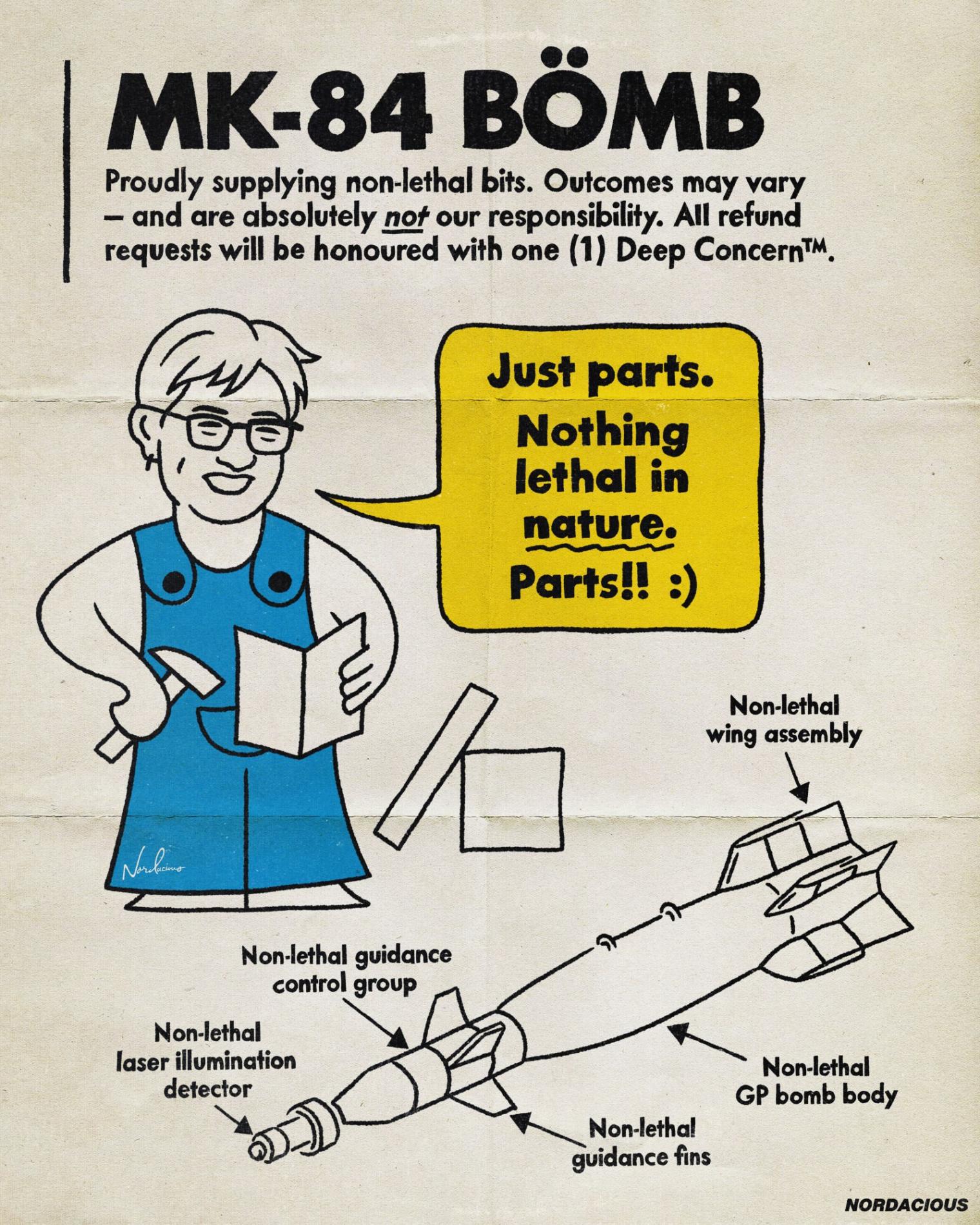 Old-fashioned assembly instructions show the parts of an MK 84 bomb. Senator Penny Wong says, 'Just parts. Nothing lethal in nature. Parts!' Text reads, 'Proudly supplying non-lethal bits. Outcomes may vary – and are absolutely not our responsibility. All refund requests will be honoured with one deep concern, TM.' 