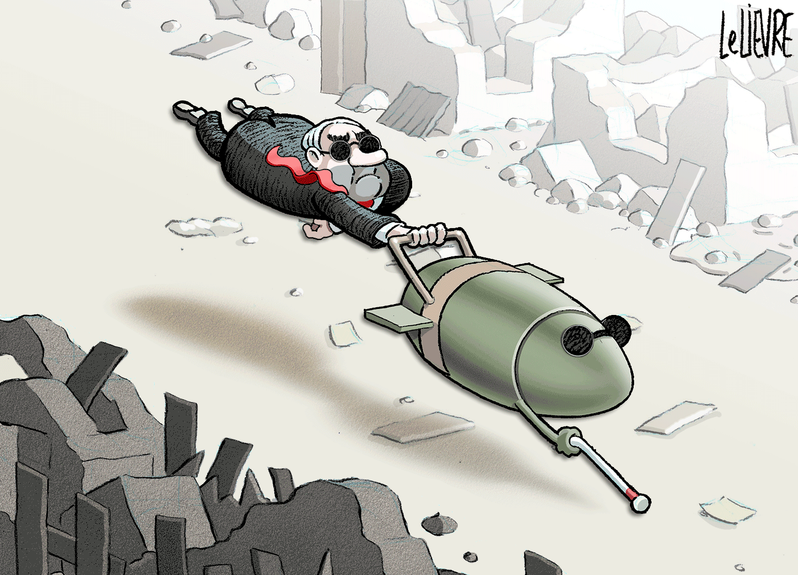 A man wearing black-out sunglasses is pulled through the air by a missile, also wearing sunglasses and using a white cane to navigate through rubble. 