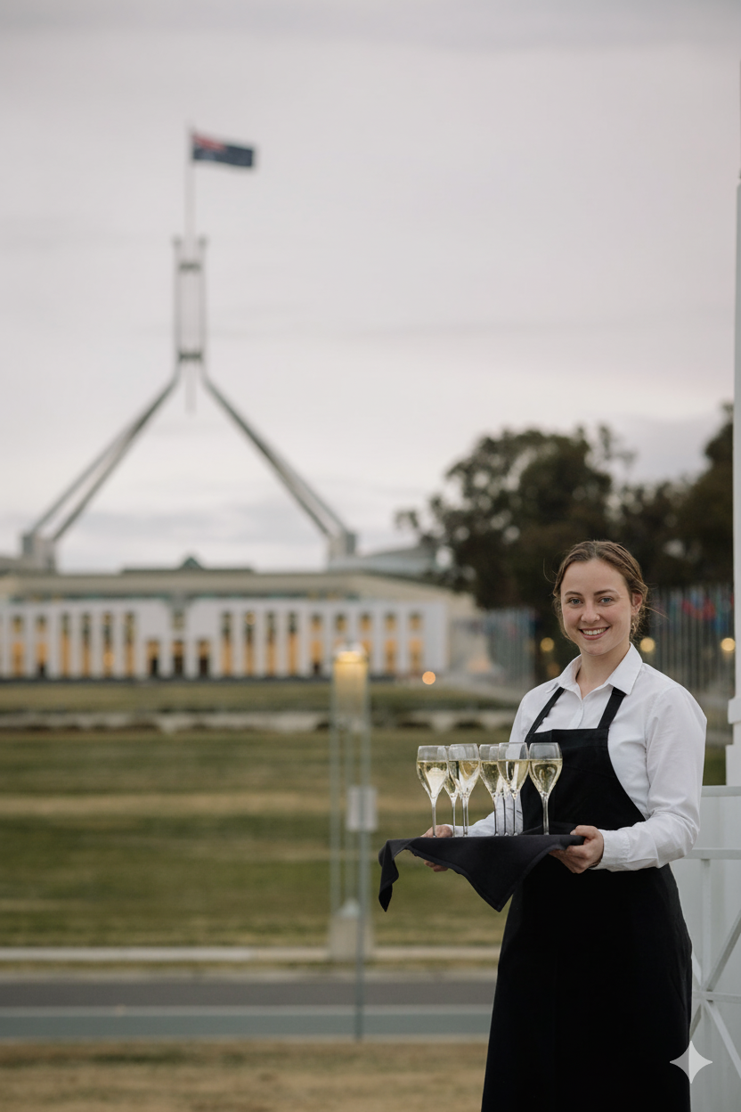 One of the bar staff from the Members' Bar standing with a tray of champagne on the bridge out the back of the Members' Dining Rooms.