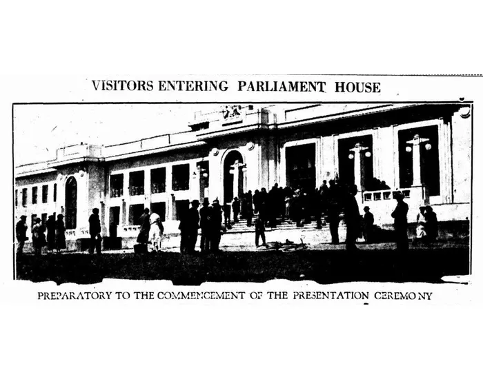 Newspaper clipping of a photo showing a large group of people entering Old Parliament House.