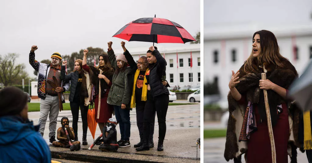 Two photos. One of, left to right, Uncle Billy T Tompkins, Leah House, Senator Lidia Thorpe, Diyan Coe, Aunty Matilda House, and Dhani Gilbert standing with fists raised at the Aboriginal Tent Embassy. The second of Lidia Thorpe wearing a traditional kangaroo skin, speaking. 