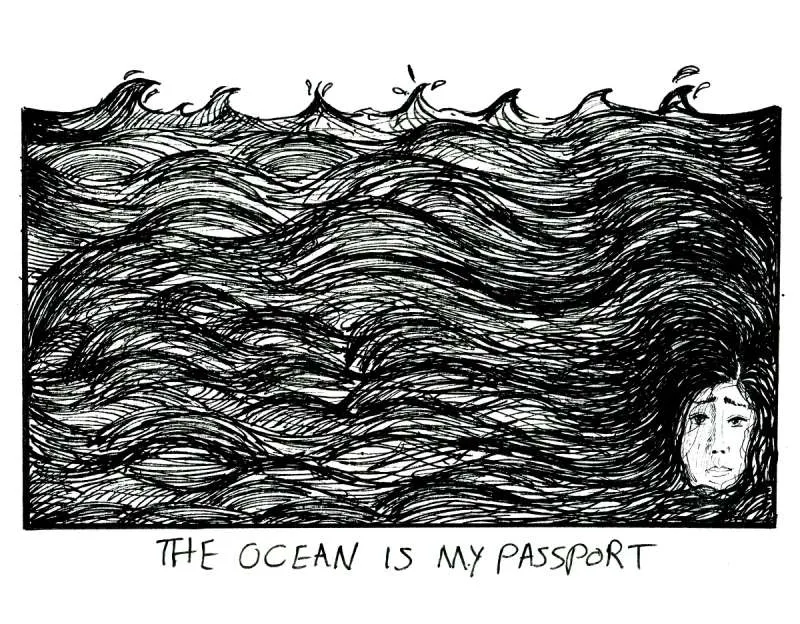 A hand-drawn illustration showing a sad face surrounded by water and waves, with the title 'The ocean in my passport'.