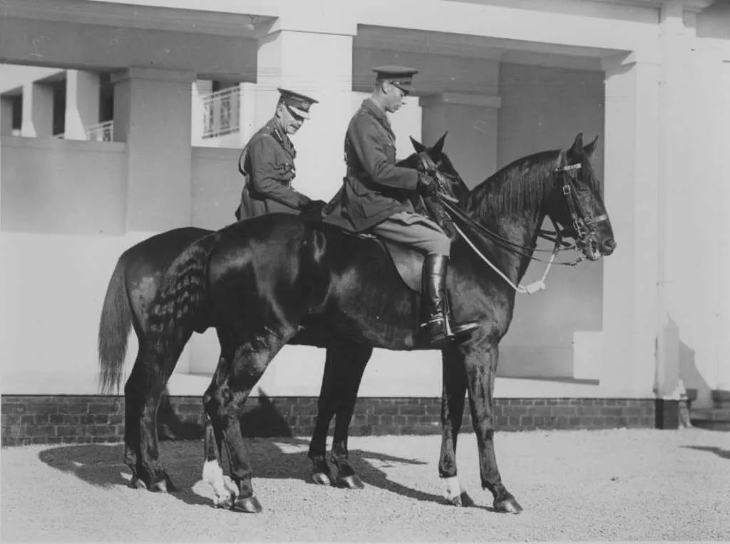 Two men, the Governor-General Lord Stonehaven and Prince Albert Duke of York, each sitting on a horse.