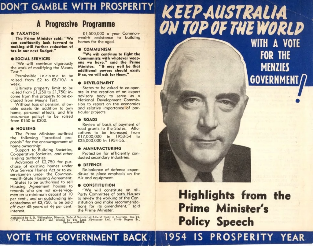 Campaign leaflet for Liberal Party, entitled 'Keep Australia on top of the world with a vote for the Menzies government!' and 'Highlights from the Prime Minister's policy speech.'