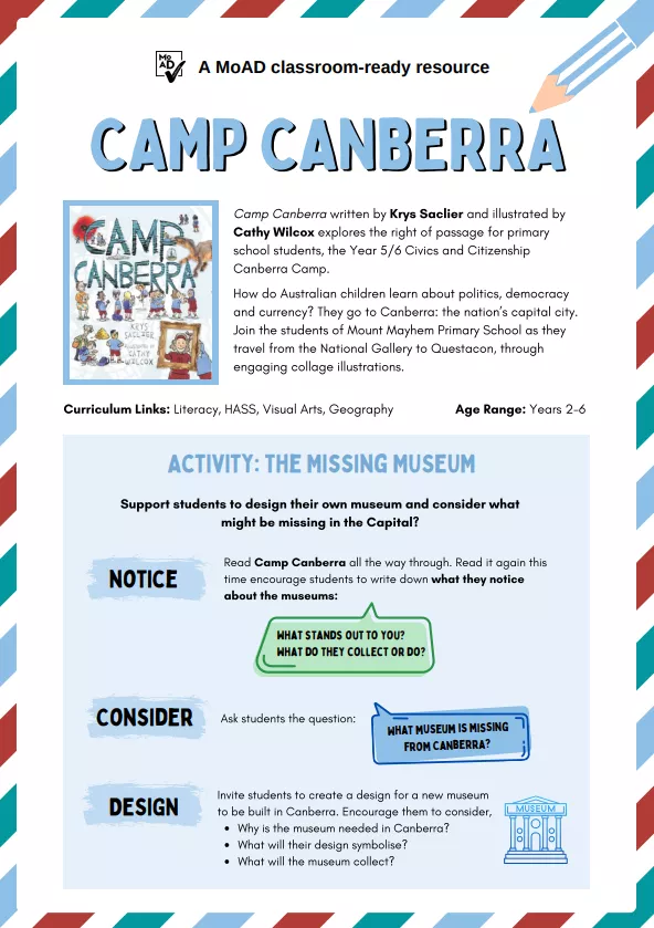 The first page of Camp Canberra: The Missing Museum activity sheet. 