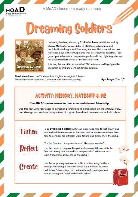 The first page of the Dreaming Soldiers teacher resource. 