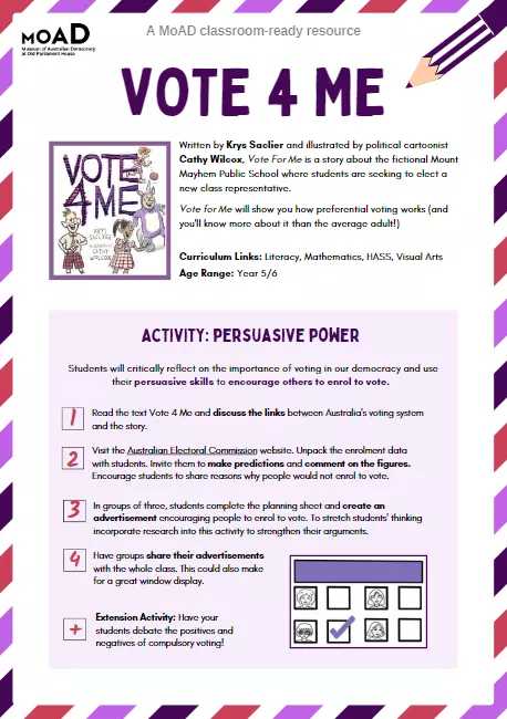 The first page of Vote 4 Me activity sheet.