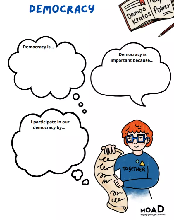 An illustrated person with speech bubbles popping up.