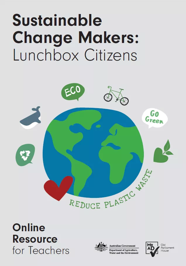 A preview of the first page of a learning resource with the words Sustainable change makers lunchbox citizens and an illustration of a world.