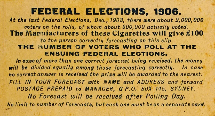 Photograph of a card included in a cigarette pack in 1906 that features a competition where a customer can win 100 pounds for guessing the correct number of voters in that year's fededral election.