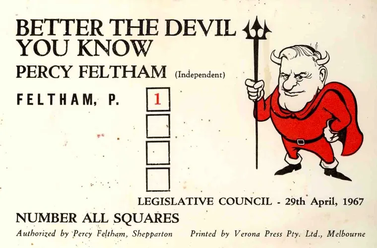 'How to vote' card for the Victorian Legislative Council, with a caricature of Percy Feltham with horns wearing a red suit and cape and holding a trident.