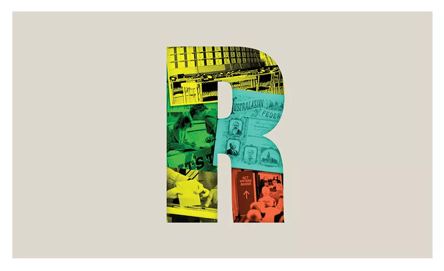 An illustrated graphic of the letter R made up of a collage of photos go people voting.