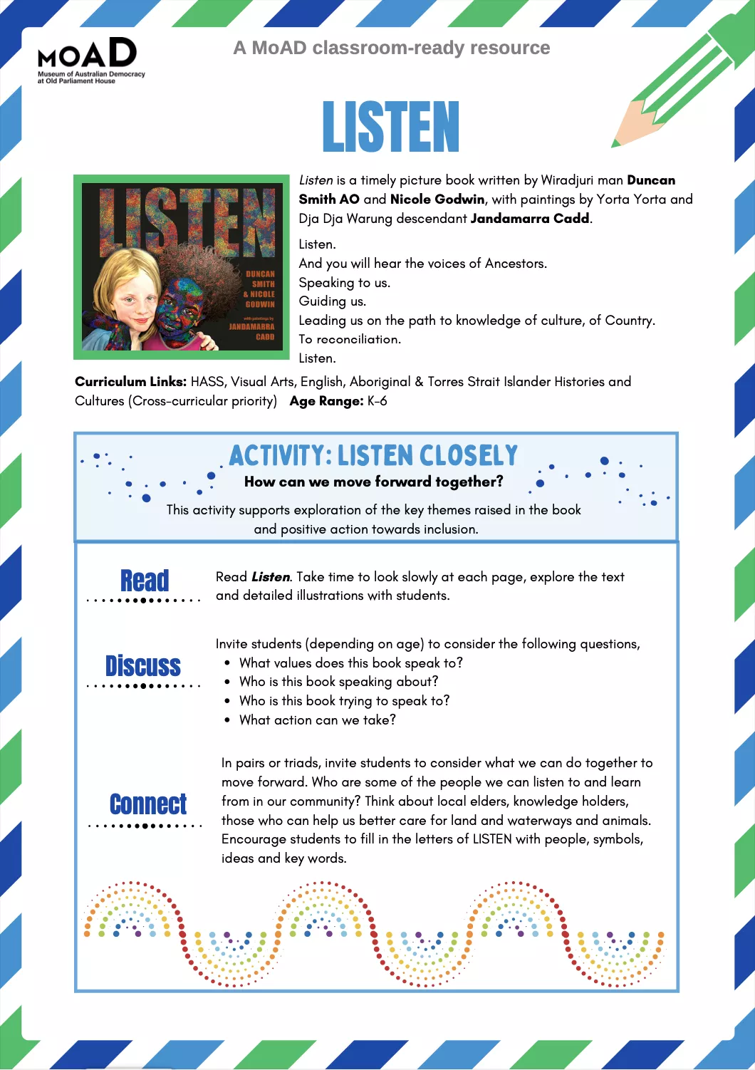 A preview of a learning activity sheet with the title Listen at the top and a series of activities on the page. 