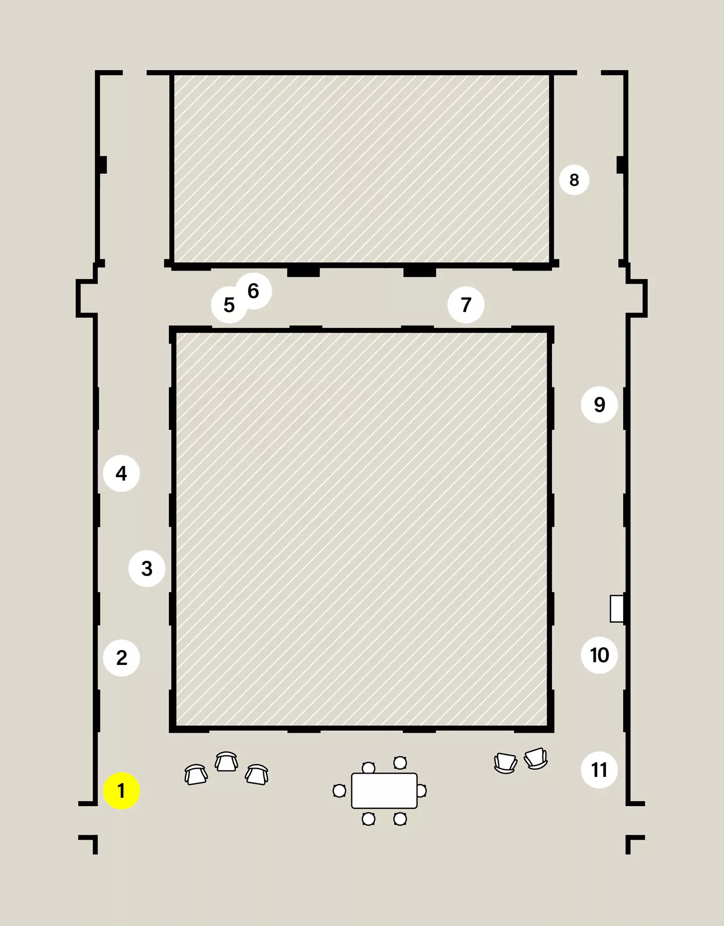 Map of a capital H-shaped exhibition space. Eleven numbered white circles show the location of stops on the audio tour. Stop 1 is highlighted yellow.