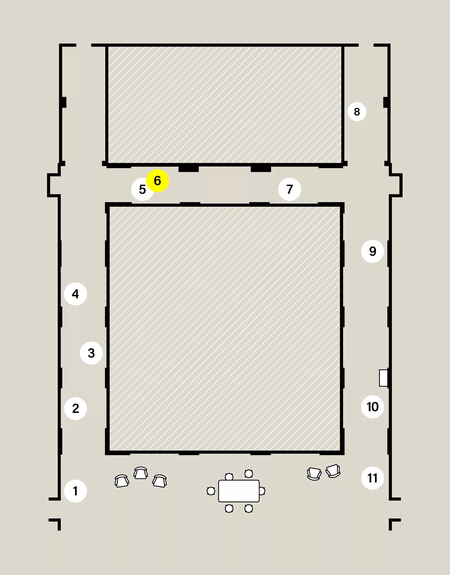 Map of a capital H-shaped exhibition space. Eleven numbered white circles show the location of stops on the audio tour. Stop 6 is highlighted yellow.