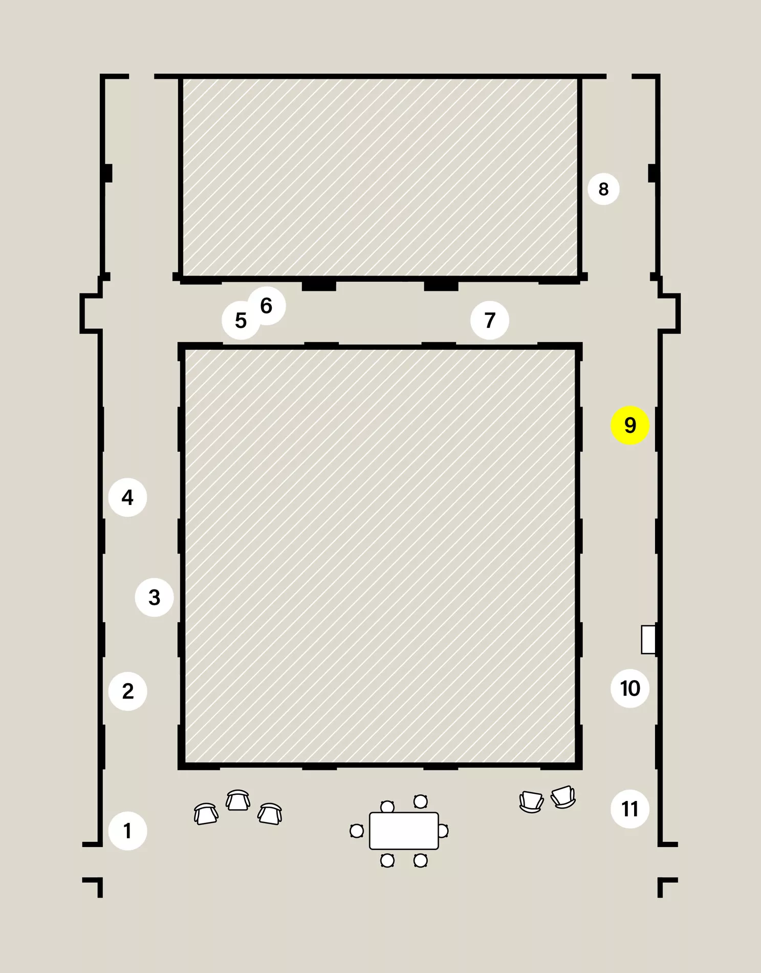 Map of a capital H-shaped exhibition space. Eleven numbered white circles show the location of stops on the audio tour. Stop 9 is highlighted yellow.