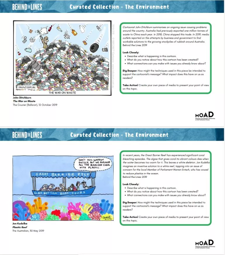 Preview of collections of cartoons about the environment, with description and prompting questions.