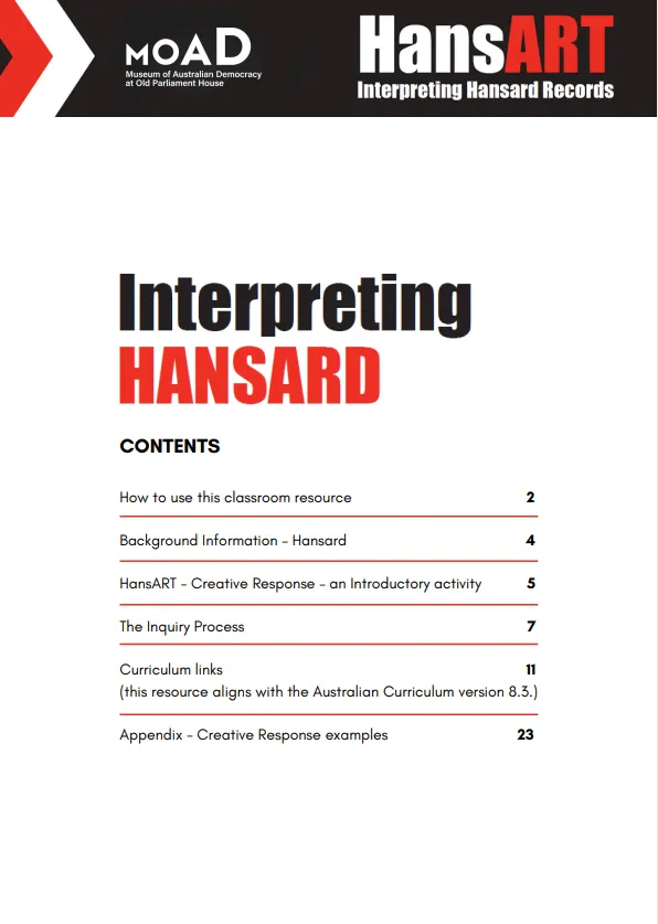 A preview of the table of contents of the resource 'Interpreting Hansard'.