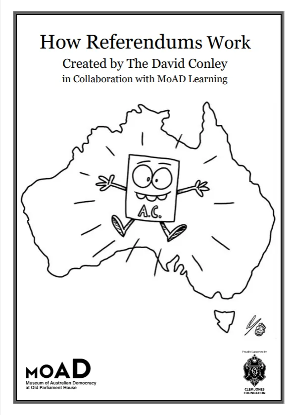 First page of an activity sheet, showing a map of Australia and a piece of paper with a face and the initials 'A.C.'