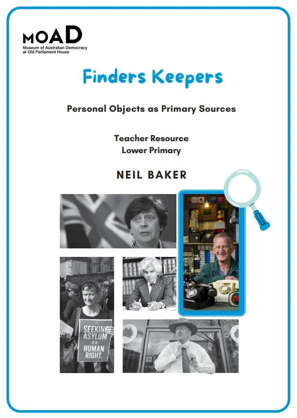 First page of Finders Keepers teacher resource, with a blue border featuring a collage of photos.