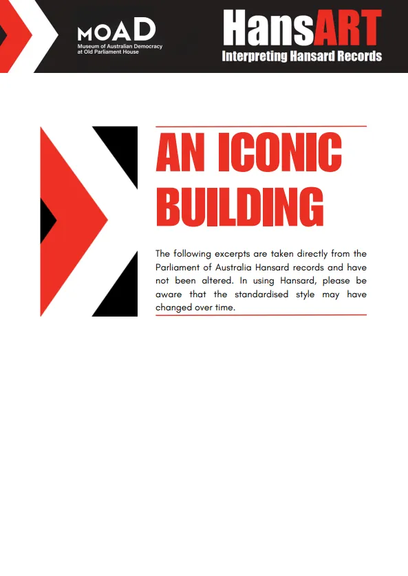 Preview of a learning resource with words in red letters that reads 'an iconic building.'