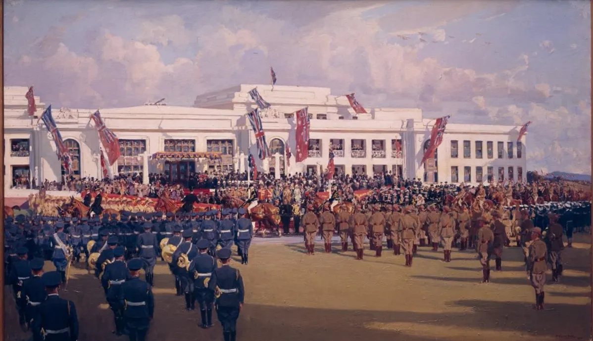 An oil painting depicting troops assembled with crowds in front of Old Parliament House, which is flying the Union Jack and Australian Ensign flags.