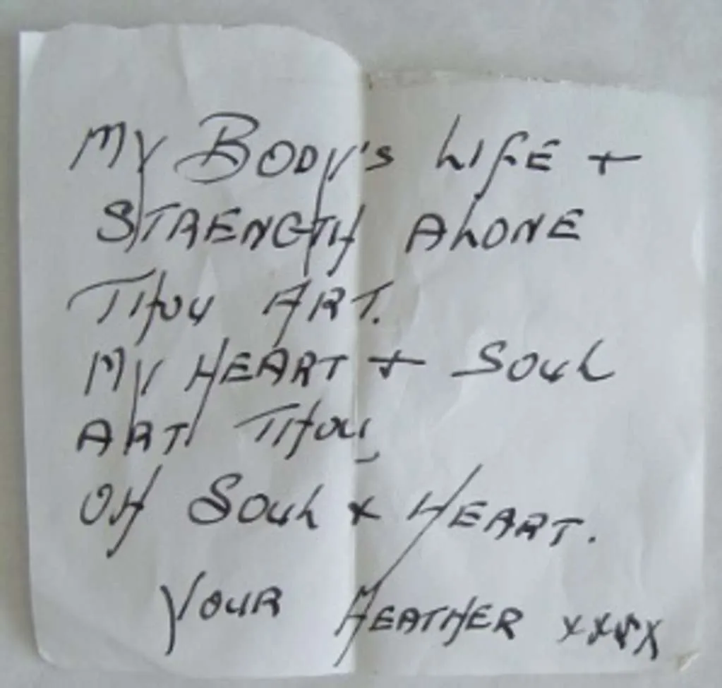 Hand-written love letter signed 'Your Heather XXXX'.