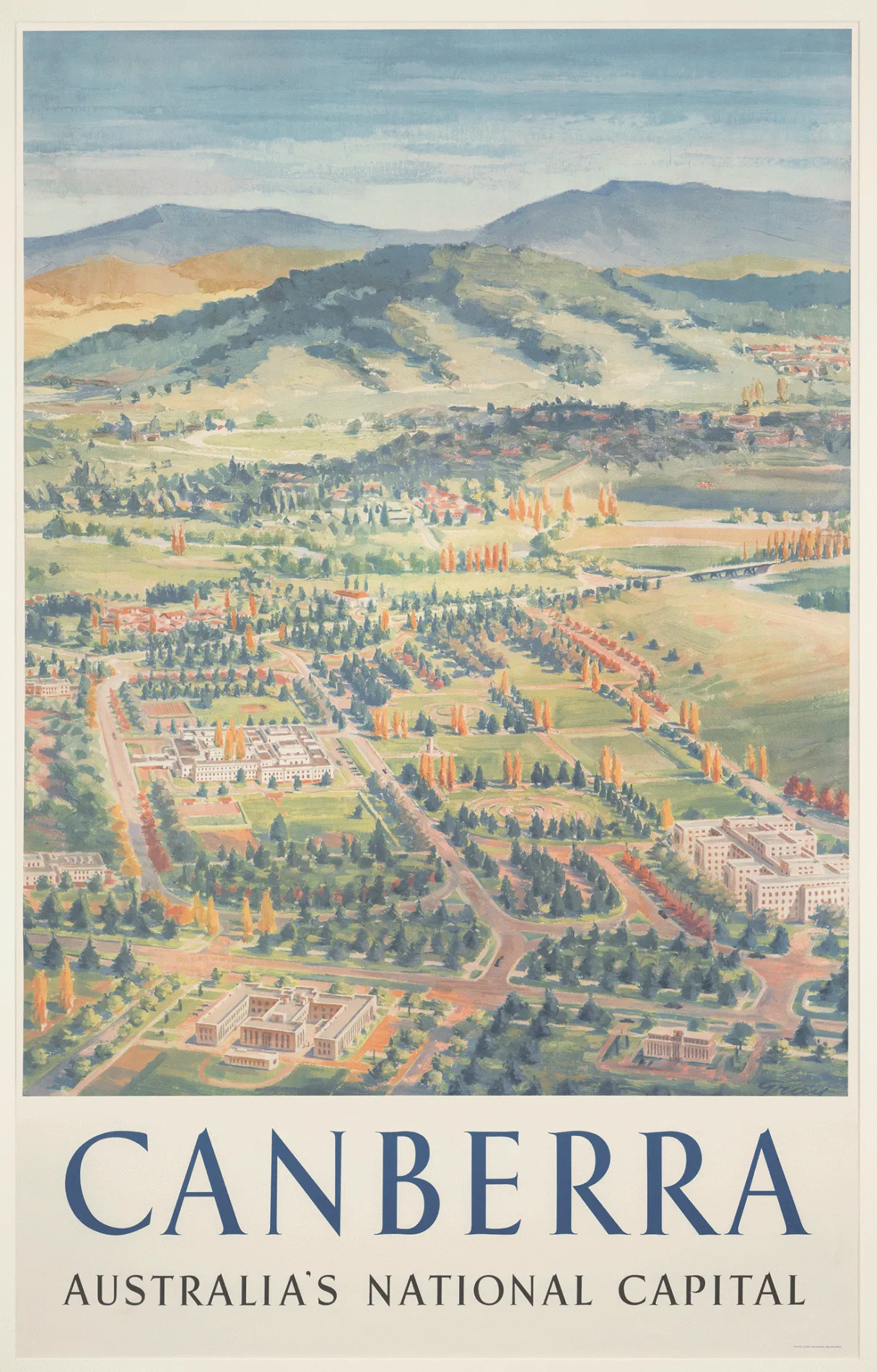 An illustrated travel poster showing a view looking down onto rows of trees surrounding a white building. The words Canberra, Australia's National Capital are along the bottom.