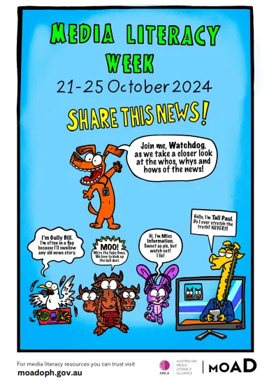 Blue image with the words 'media literacy week, 21-25 October 2025, share the news' and cartoon characters with speech bubbles.