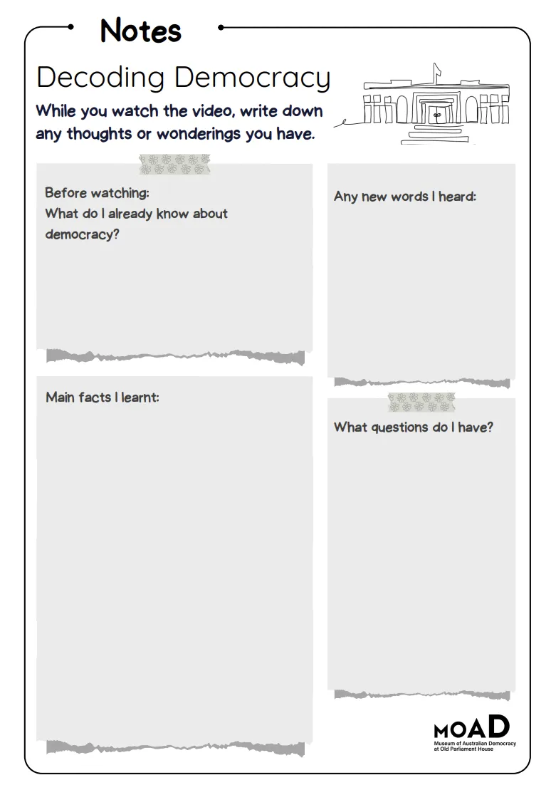 Preview of a black and white activity sheet about decoding democracy.