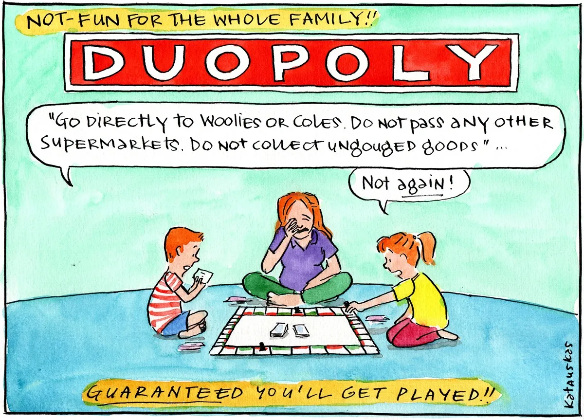 A family play a Monopoly-like boardgame called 'Duopoly'. Text reads, 'Not fun for the whole family' and 'Go directly to Woolies or Coles. Do not pass any other supermarkets. Do not collect ungouged goods.' 