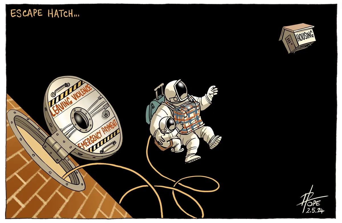 An adult and child in spacesuits leave a hatch that reads 'leaving violence, emergency payment' and reach towards a distant floating house. An adult and child in spacesuits leave a hatch that reads 'leaving violence, emergency payment' and reach towards a distant floating house.