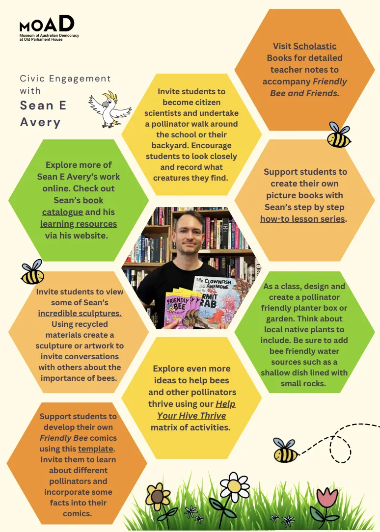 A pale yellow background with yellow, orange and green coloured tiles featuring ideas for activities for students to help bees. A photo of a man is in the centre holding Friendly Bee picture books.