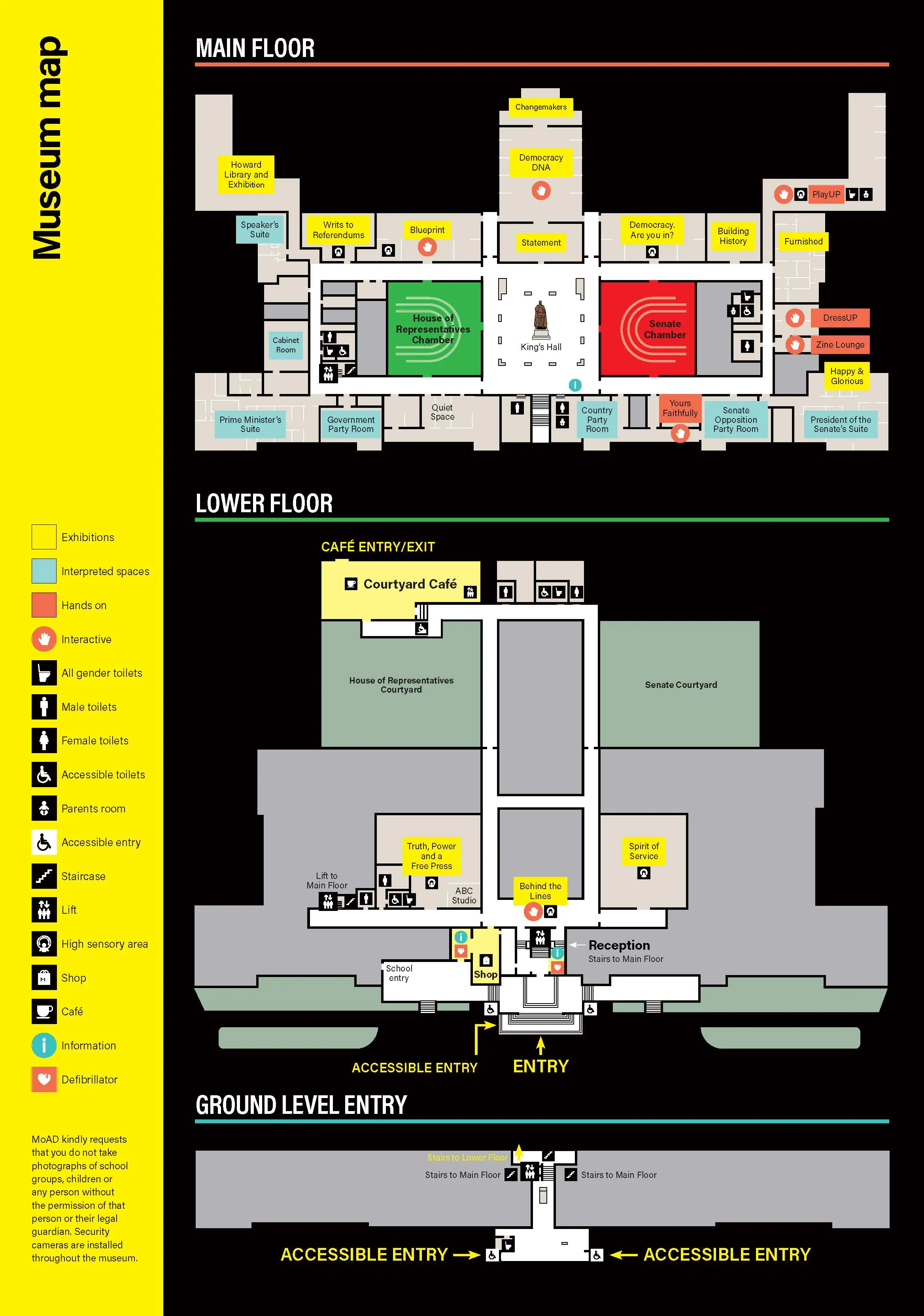 A graphic illustration of three floors of the Museum of Australian Democracy.