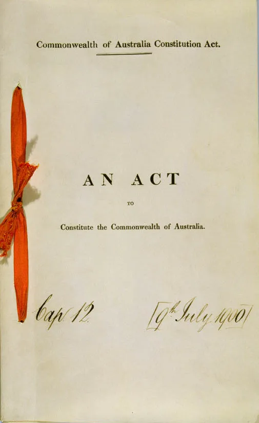 The front cover of the Australian Constitution dated 9th July 1900. A red ribbon on left side binds the papers together.