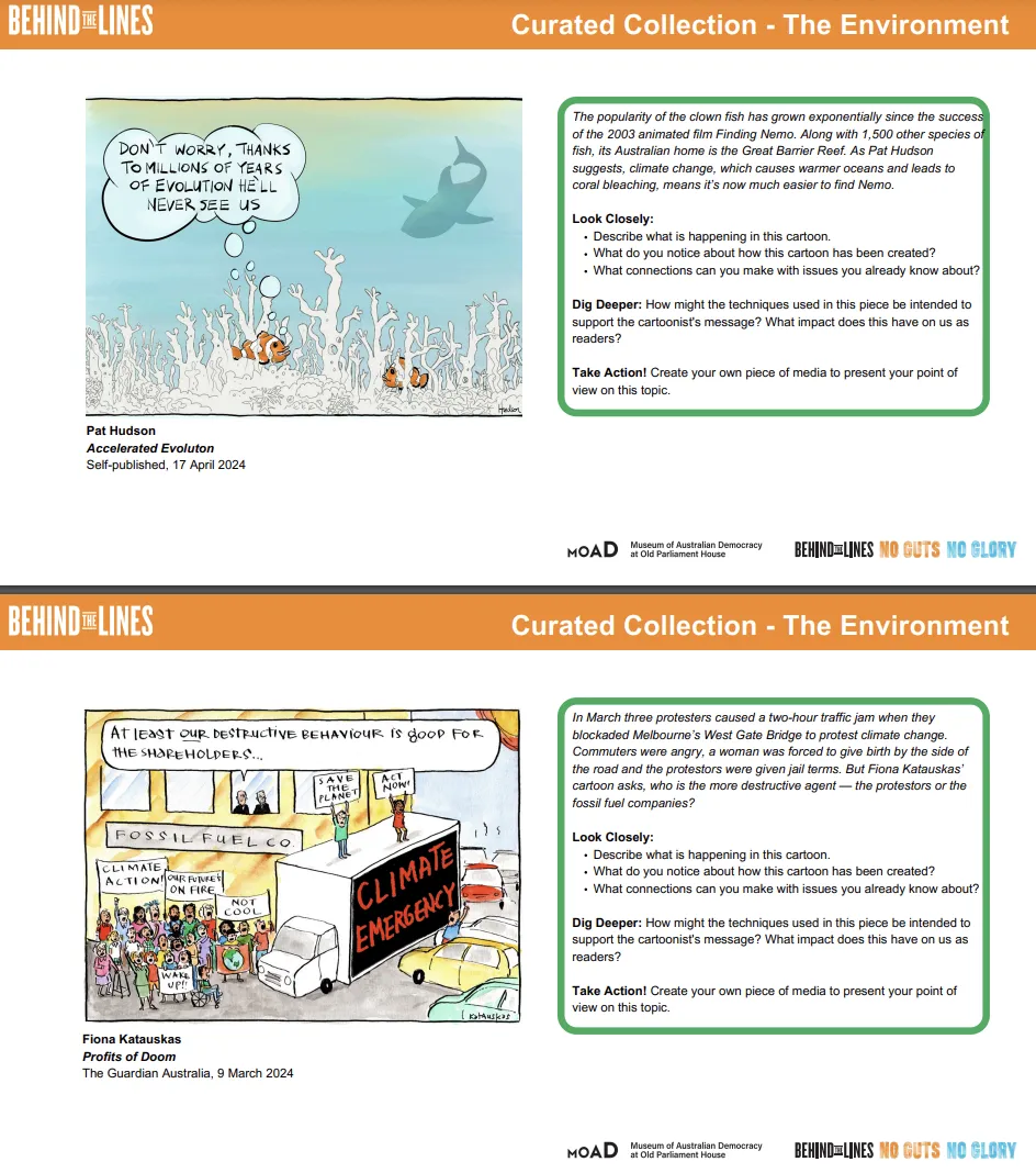 Two pages of cartoons depicting environment issues in the news, along with text describing activities for students.