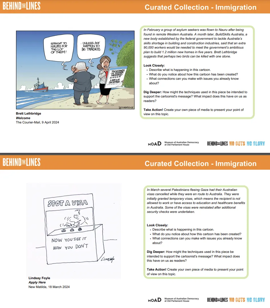 Two pages of political cartoons depicting immigration in the news along with text describing activities for students.