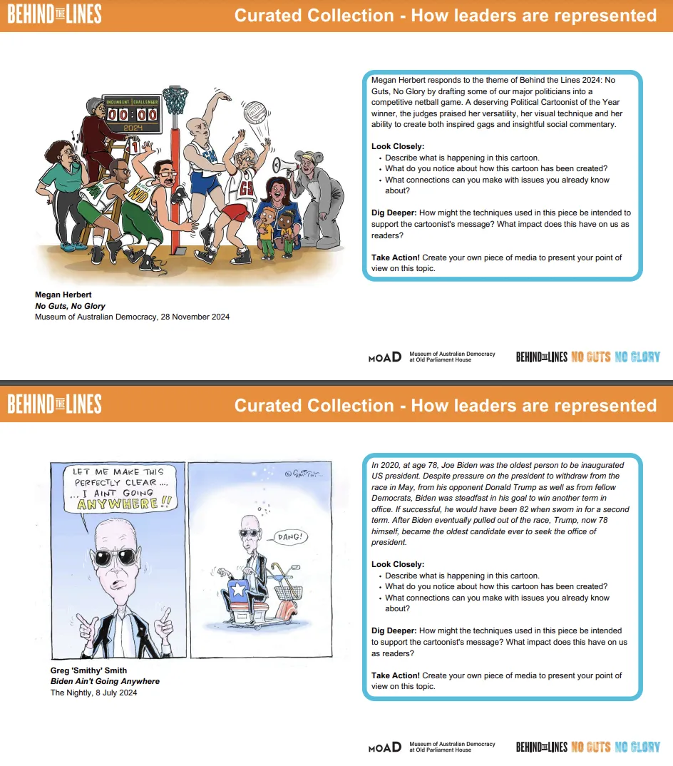 Two pages of cartoons depicting political games being played along with text describing activities for students.