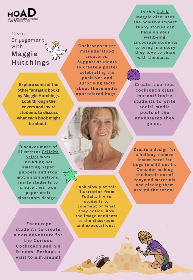 Lilac background with multiple coloured tiles featuring activity ideas for students using Maggie Hutchings' books.