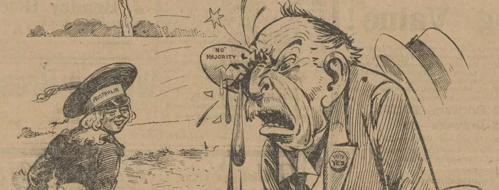 A newspaper cartoon with the heading 'Who threw that egg?' depicting a man wearing a suit and pin that reads 'Vote Yes' hit in the yee with an egg labelled '"No" Majority', and child walks away wearing a hat labelled 'Australia'.