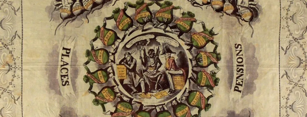 A silk handkerchief, with an ornate patterned border, and an illustration depicting a man being eaten alive by rats whilst a circle of green money bags dances in a ring.