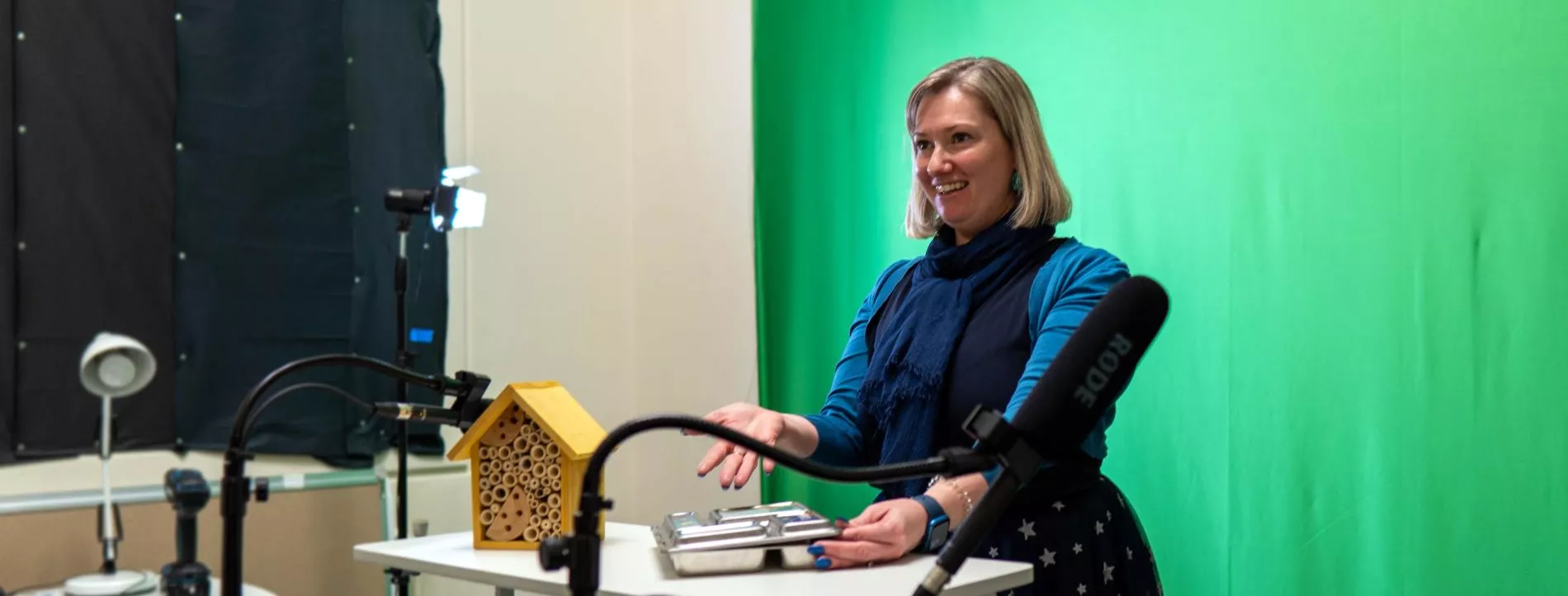 A person presents in front of a green screen