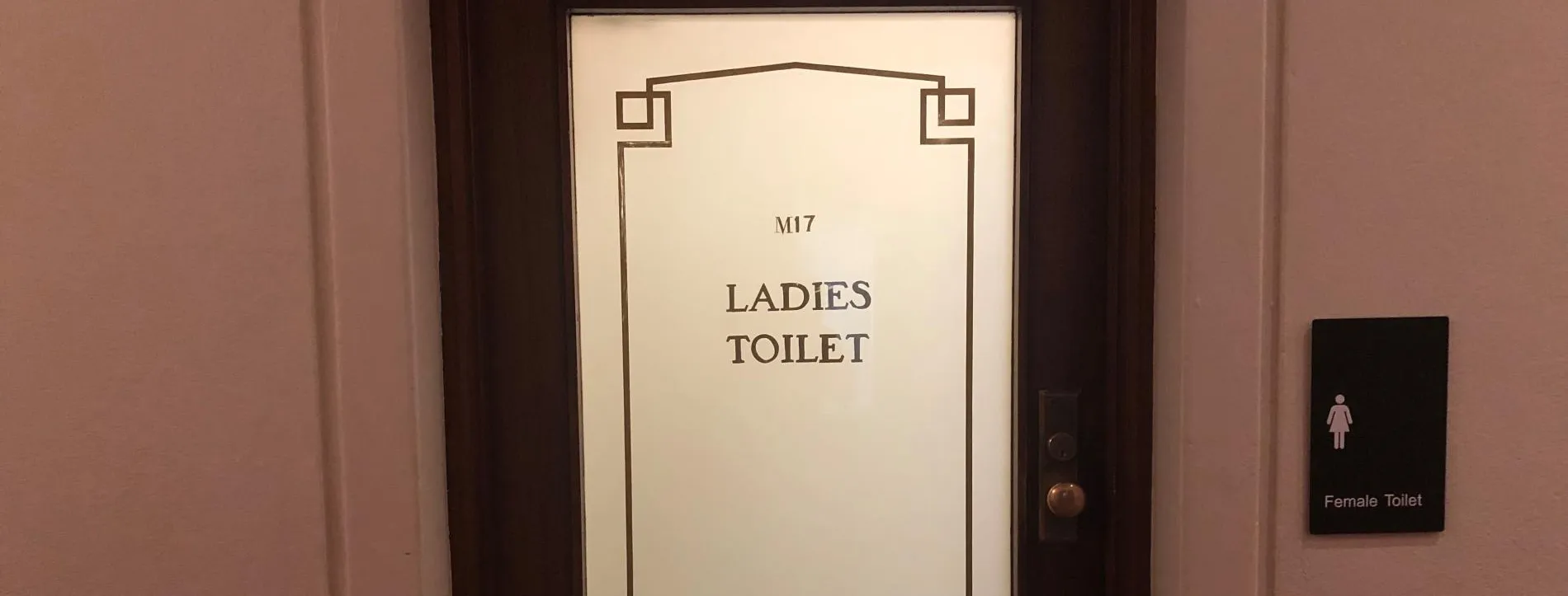 A wooden door with an ornate frosted glass panel with the words M17 Ladies Toilet.