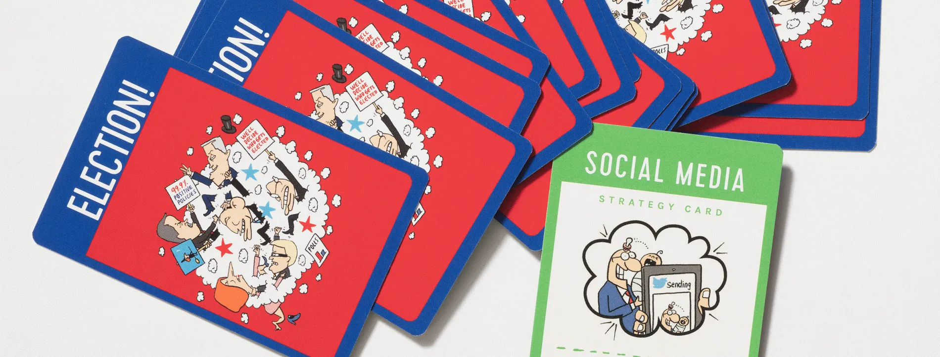 A deck of cards fanned out in a pile. Some cards are red with a blue border and the word Election! written at the top.  There is a cartoon caricature of politicians in the centre of each cartoon. There is one card with a green border with the words 'Play this card when a social media event in your favour is drawn. Margin points plus 4'.