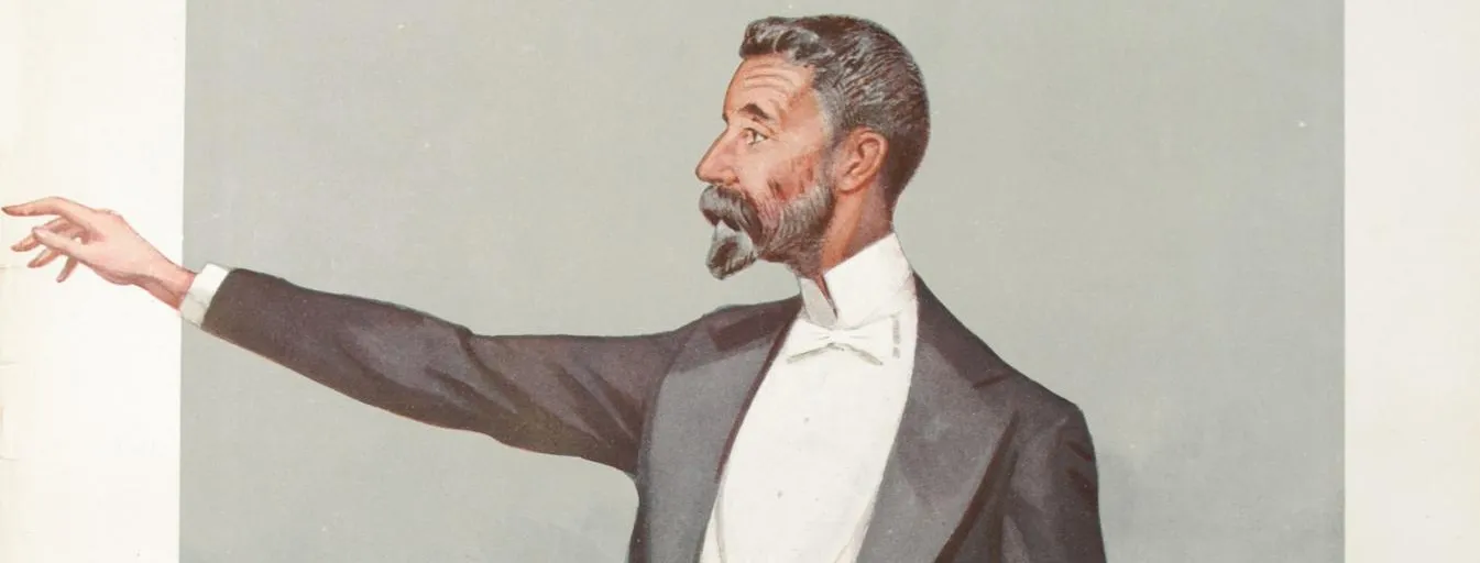 Caricature of Alfred Deakin, wearing a formal suit and white bow tie, white waist coat and black coat with tails, looking out past an outstretched right arm.