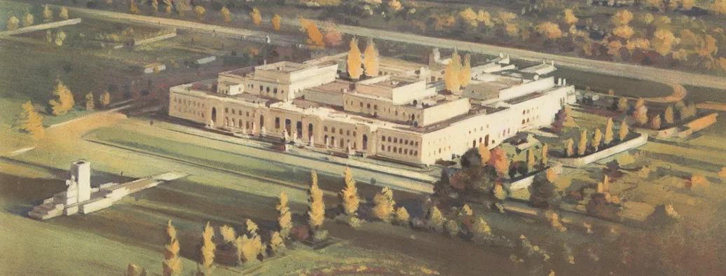 An illustrated travel poster showing an aerial view of Old Parliament House, a large white building, surrounded by green land. The Australian coat of arms is on the bottom with the word Australia over the top. There are also the words Canberra, Australian Capital Territory along the bottom. 