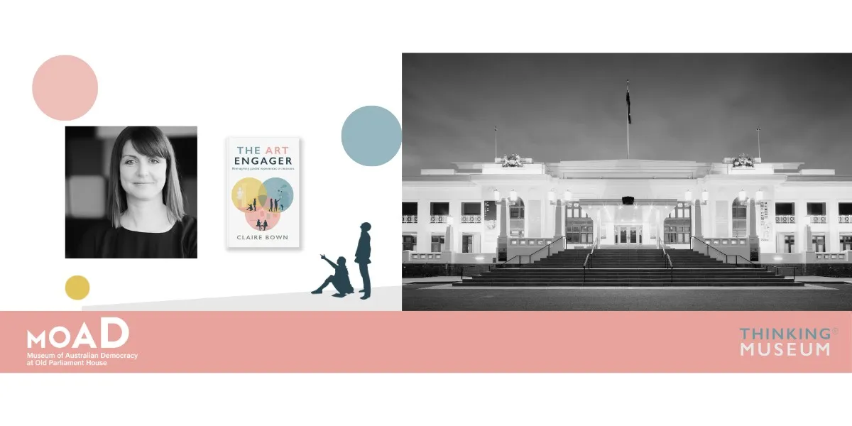 On the left is a photo of a woman next to a book titled 'The Art Engager'. On the right, a photo of Old Parliament House in black and white at night.