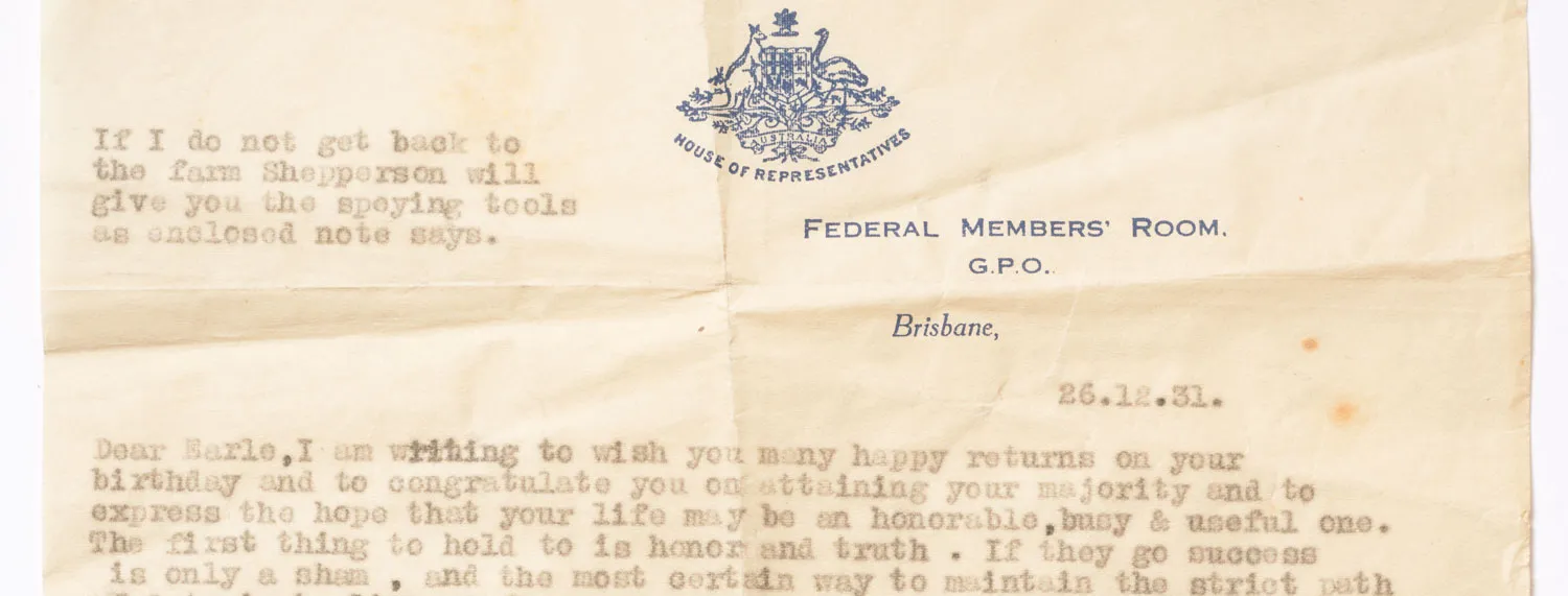 An old typewritten letter on aged paper from Earle Page to his son dated 26 December 1931. A blue House of Representatives crest is at the top.